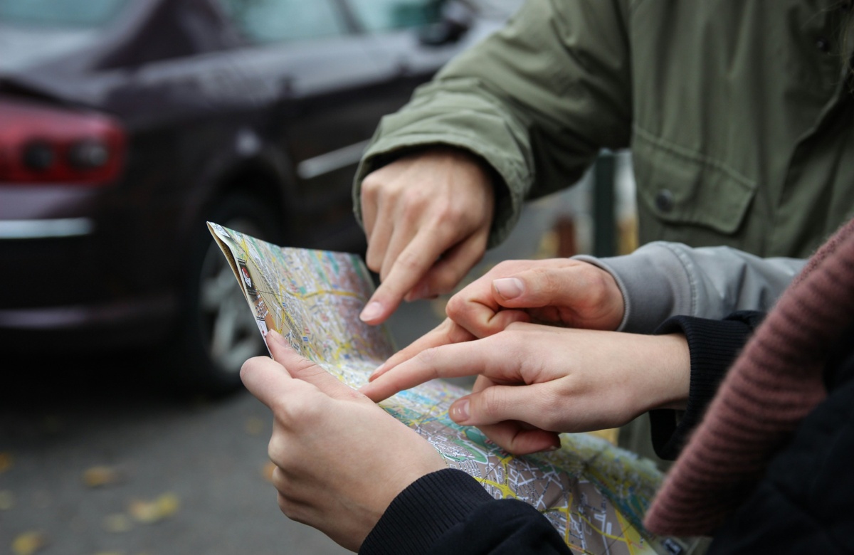 Two people looking at a map