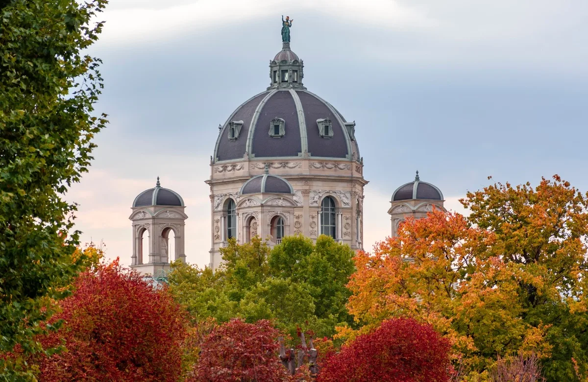 The dome of a building in Vienna, visible above trees with autumnal leaves
